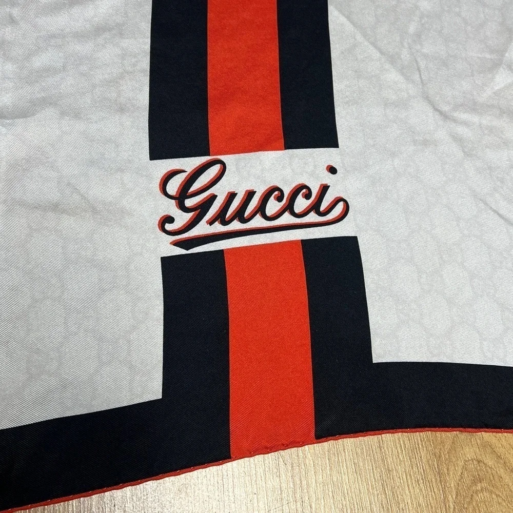26” Gucci Black Orange White Logo Script Scarf 100% Silk
